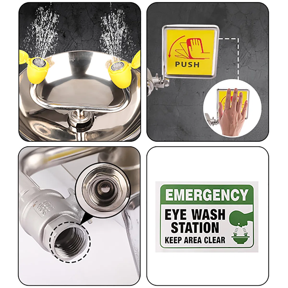 Station de lavage oculaire murale, lave-yeux d'urgence avec panneau de lavage oculaire et couvercle anti-poussière, conception à double buse et matériau en acier inoxydable SS304, pour usine, hôp