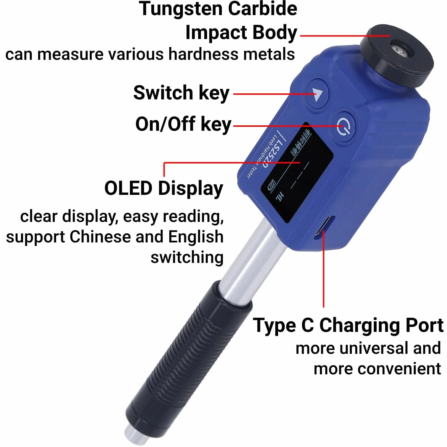 LiebeWH Testeur de Dureté de Type Stylo Duromètre Numérique Précis Compteur de Dureté Portable avec Écran LCD HL HV HB HS HRA HRB HRC Dureté