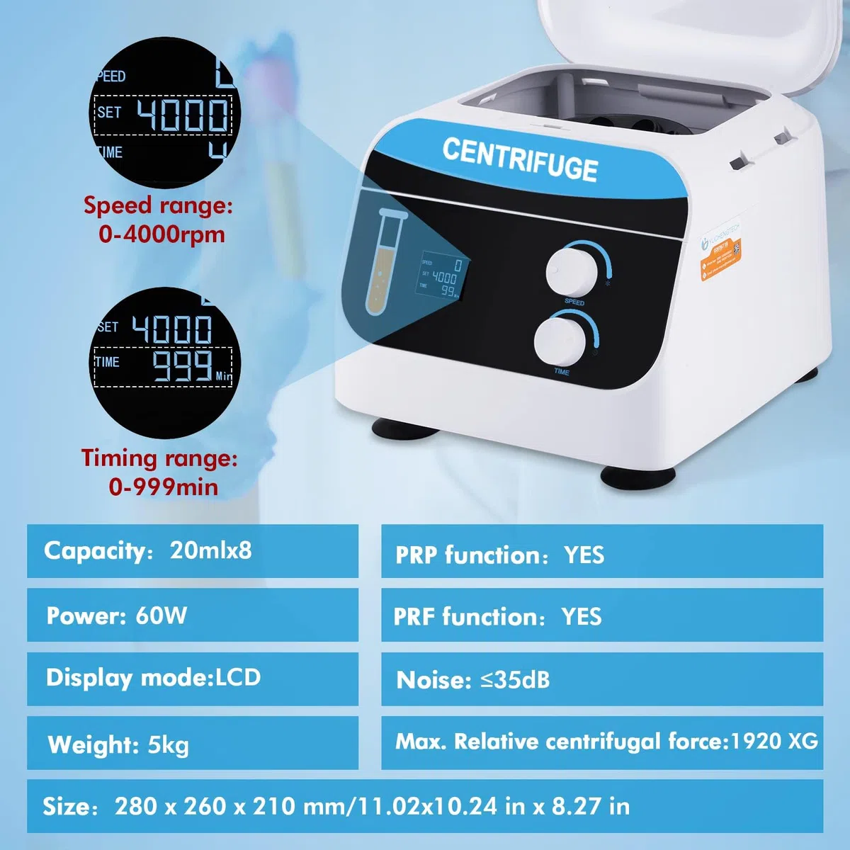 YUCHENGTECH Centrifugeuse de Laboratoire 20mlx8 0-4000 tr/min 0-999 Min
