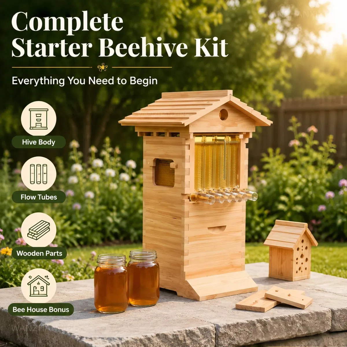 Kit de Ruche Auto-Flow en Bois – Écoulement Autonome avec Fenêtre & Robinet à Miel, 4+6 Cadres Inclus – Set Démarrage pour Apiculteurs Débutants
