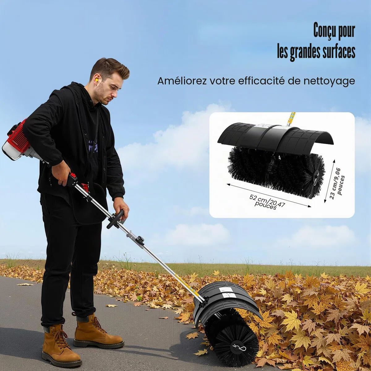 Balayeuse Jardin Essence 52cc, Balai Mécanique 2 Temps, Brosse Haute Densité 52cm, Nettoyage Pelouse Gazon Synthétique, Grande Surface Allée Trottoir Ferme, Puissante 8500tr/min 2.3ch