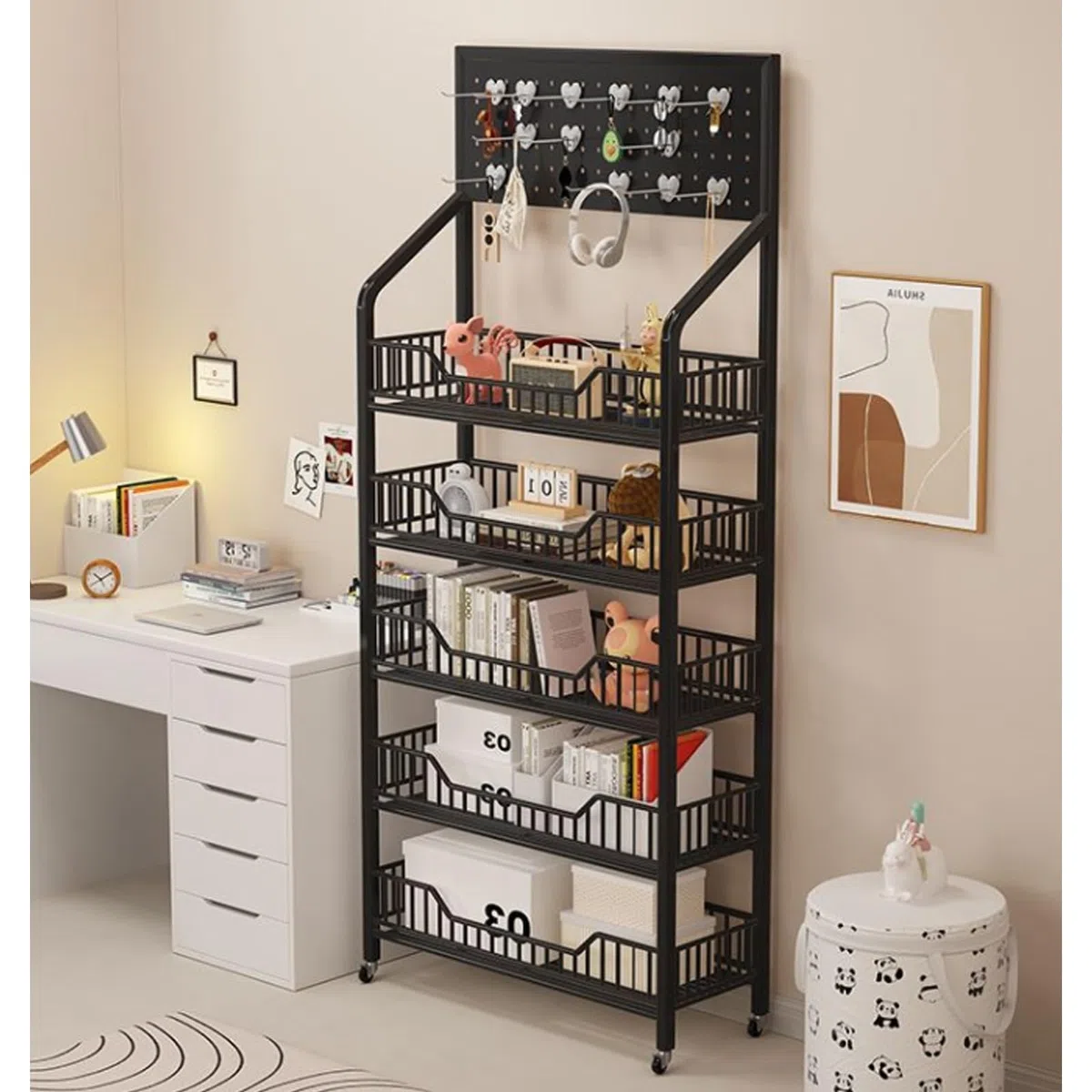 Grand présentoir à collations à 5 niveaux avec 15 crochets pour magasin, cuisine, supermarché, vente au détail, étagère au sol pour jouets, boissons