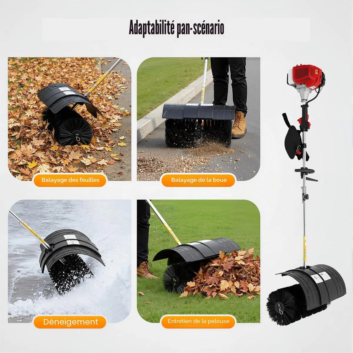Balayeuse Jardin Essence 52cc, Balai Mécanique 2 Temps, Brosse Haute Densité 52cm, Nettoyage Pelouse Gazon Synthétique, Grande Surface Allée Trottoir Ferme, Puissante 8500tr/min 2.3ch