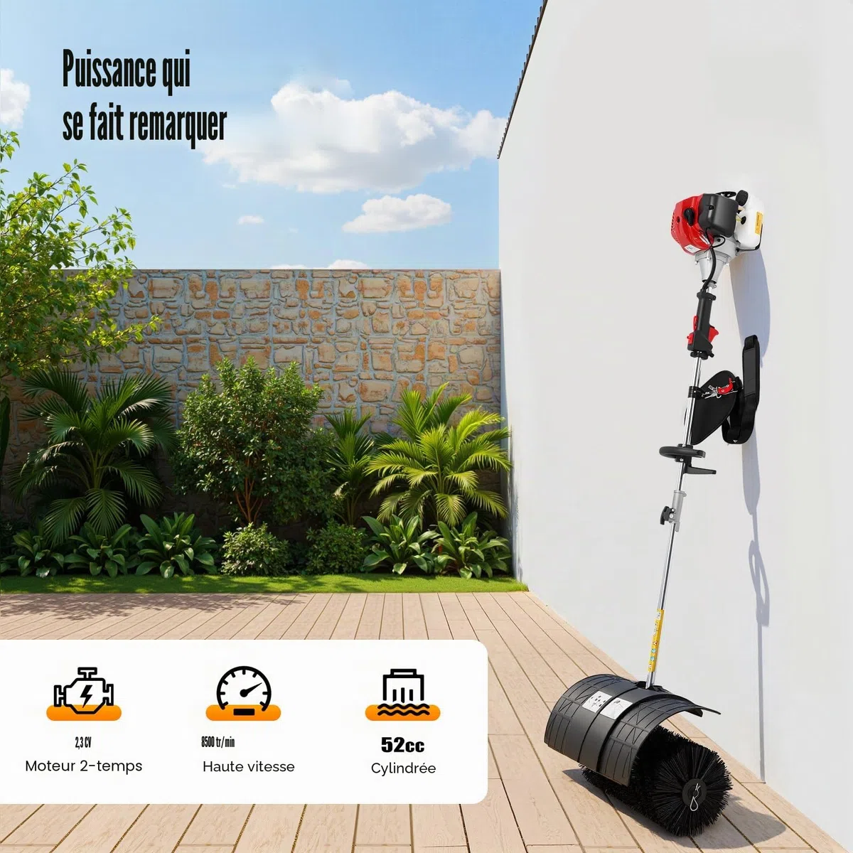 Balayeuse Jardin Essence 52cc, Balai Mécanique 2 Temps, Brosse Haute Densité 52cm, Nettoyage Pelouse Gazon Synthétique, Grande Surface Allée Trottoir Ferme, Puissante 8500tr/min 2.3ch