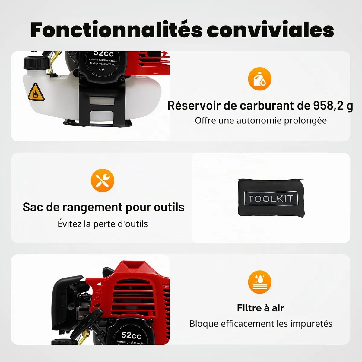Balayeuse Jardin Essence 52cc, Balai Mécanique 2 Temps, Brosse Haute Densité 52cm, Nettoyage Pelouse Gazon Synthétique, Grande Surface Allée Trottoir Ferme, Puissante 8500tr/min 2.3ch