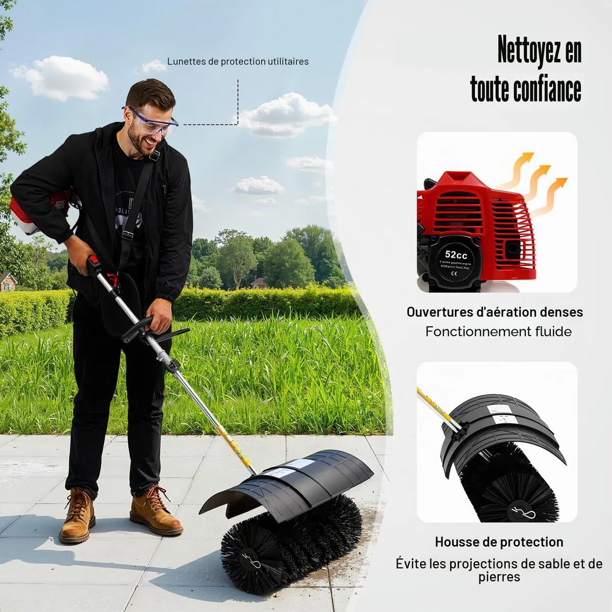 Balayeuse Jardin Essence 52cc, Balai Mécanique 2 Temps, Brosse Haute Densité 52cm, Nettoyage Pelouse Gazon Synthétique, Grande Surface Allée Trottoir Ferme, Puissante 8500tr/min 2.3ch