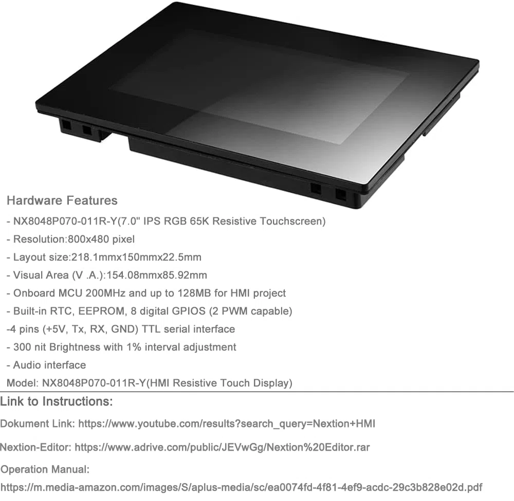Nextion 7.0" LCD Module Touch Display Intelligent Series NX8048P070-011R-Y HMI IPS RGB 65K Resistive Touchscreen With Enclosure