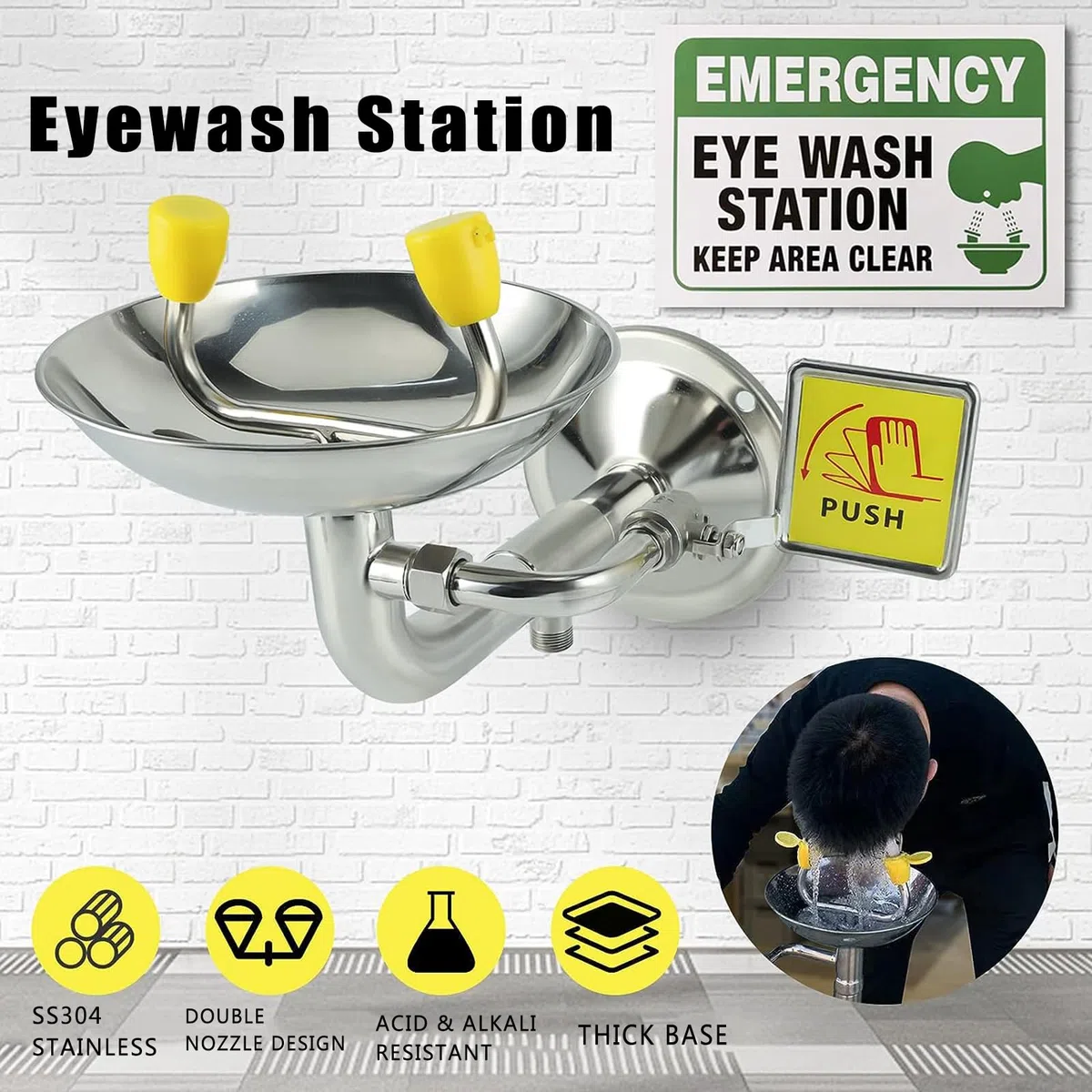 Station de lavage oculaire murale, lave-yeux d'urgence avec panneau de lavage oculaire et couvercle anti-poussière, conception à double buse et matériau en acier inoxydable SS304, pour usine, hôp